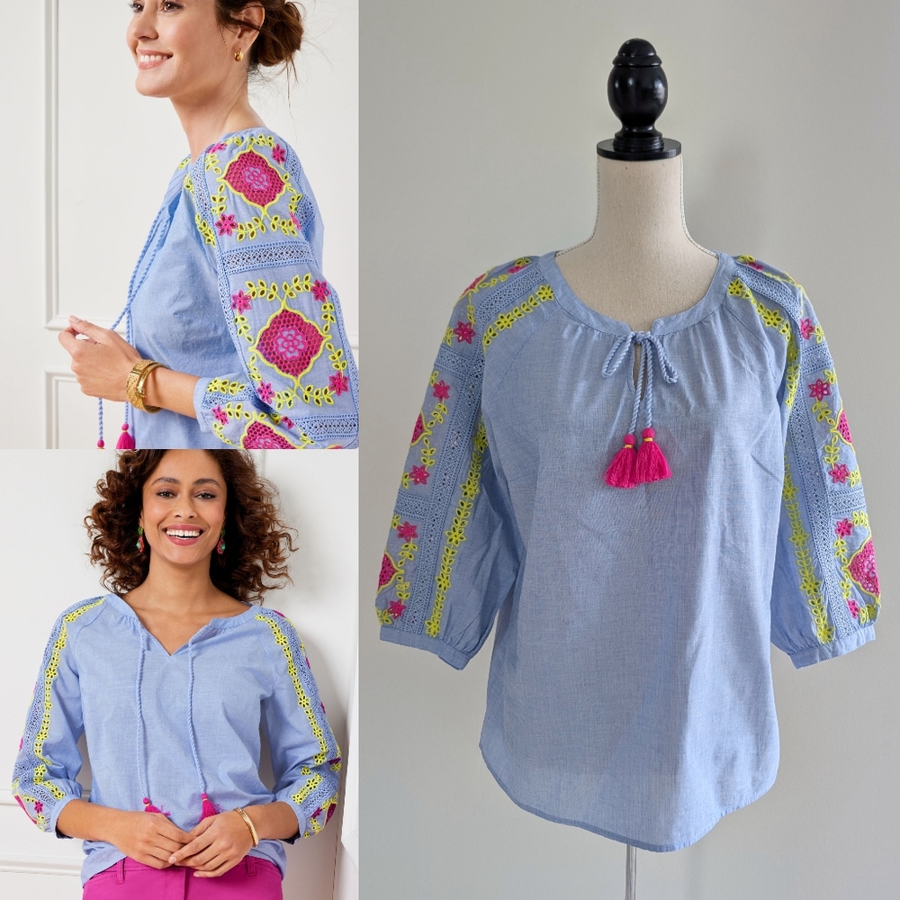 Sz M Like New Talbots Contrast Embroidered Popover Blouse